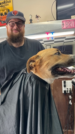  Otis getting hair cut at barbershop.